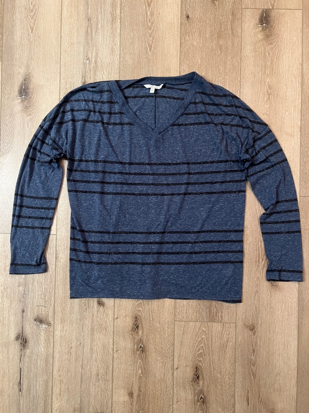Victoria's Secret - Navy Blue Long Sleeve V Top with Stripes, Flax Linen Blend